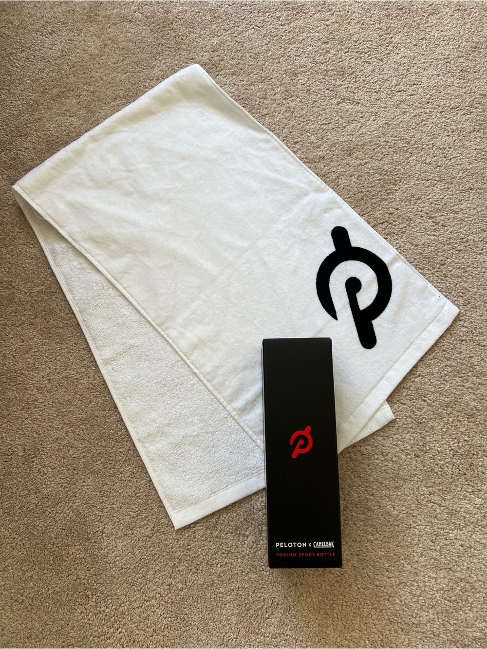 Peloton White Towel with Black Logo and Waterbottle New in Box - NEVER USED!